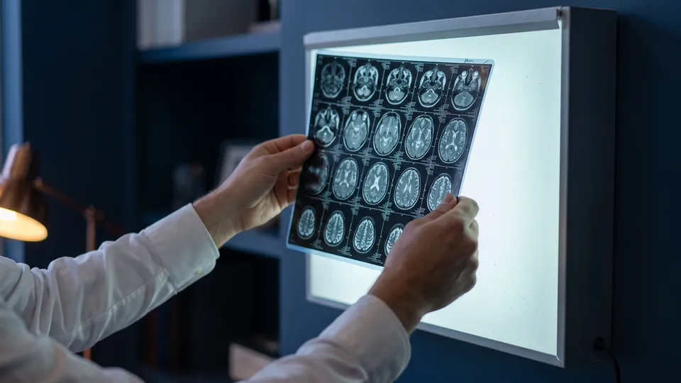 Mãos de médico segurando uma ressonância de crânio contra o negatoscópio