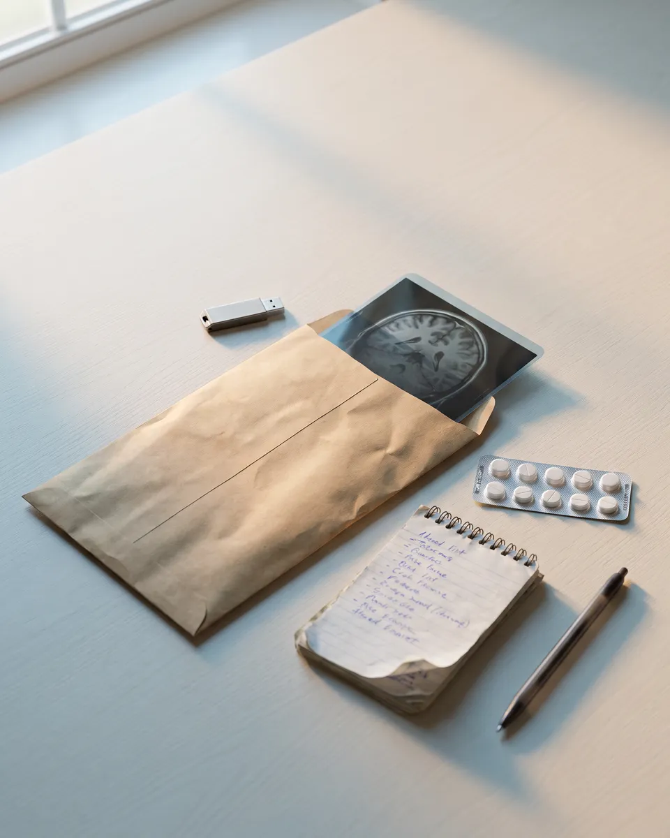 Envelope de exames com uma ressonância, pen drive, cartela de remédio e uma lista manuscrita sobre a mesa